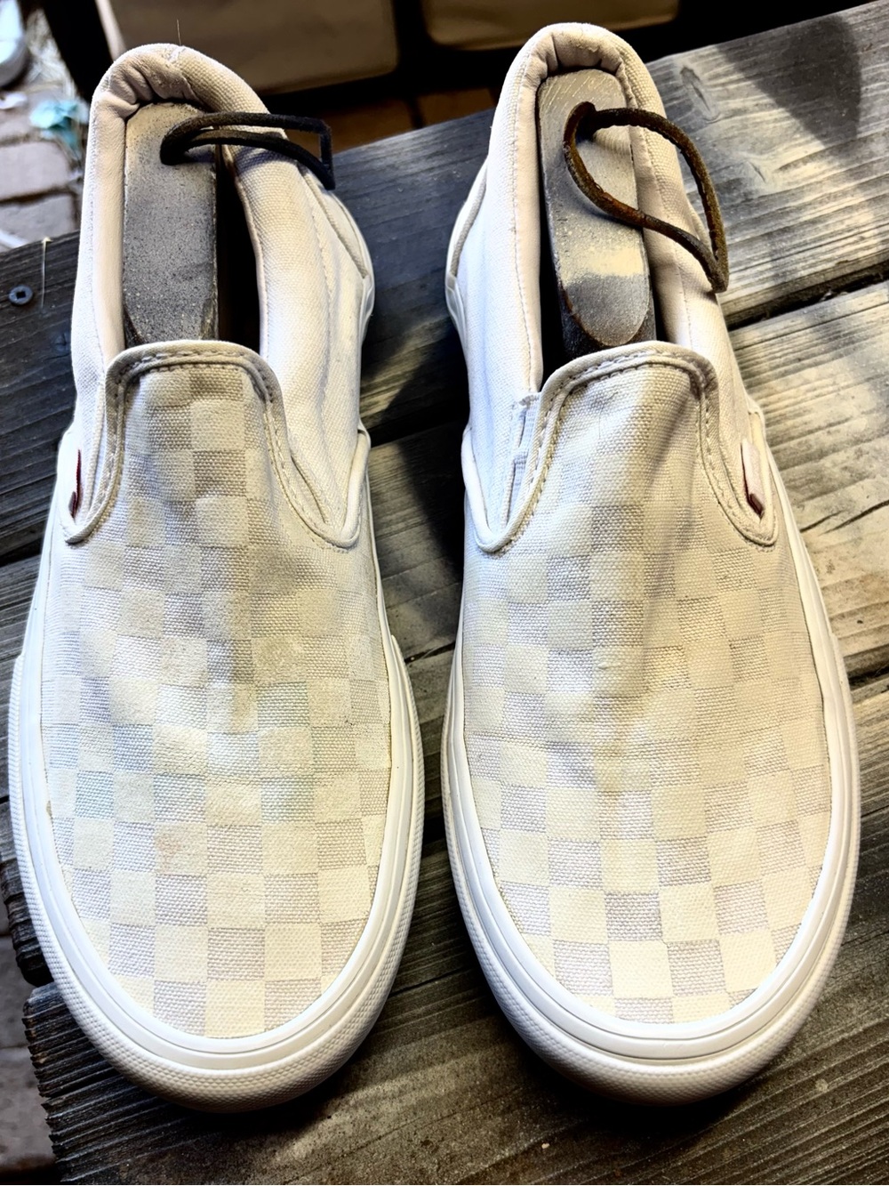 White Vans slip-on sneakers with white US 10.0 #skateboarding #checkerboard